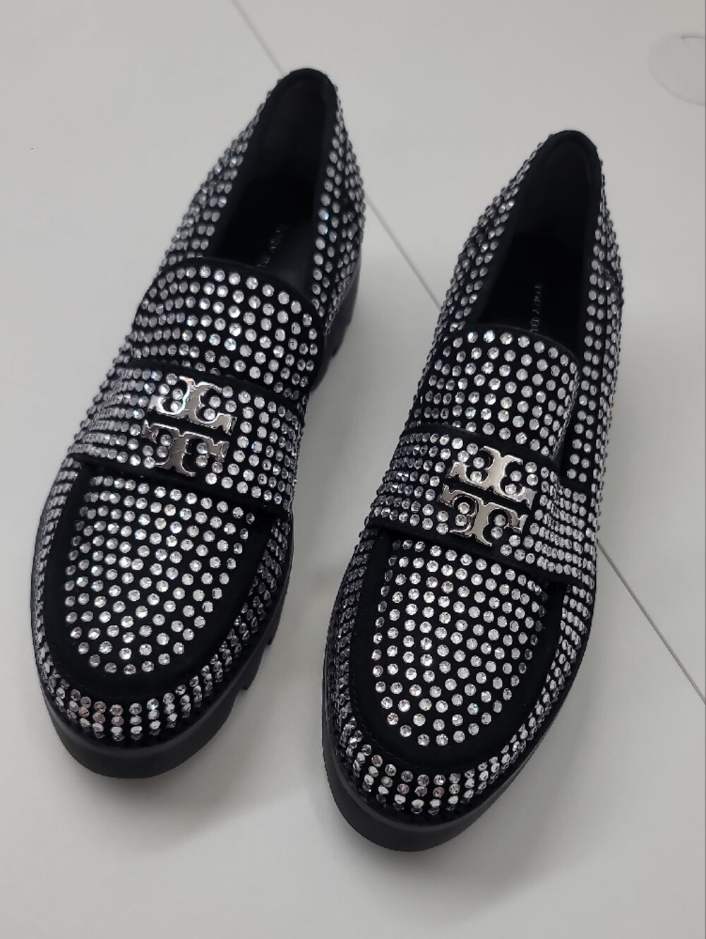 Tory Burch Black Crystal-Studded Lug Sole Loafers Size 7.5